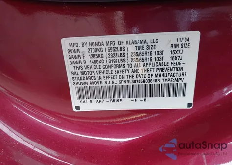 2005 Honda Odyssey Ex-L from USA, damaged, VIN 5FNRL38705B036183